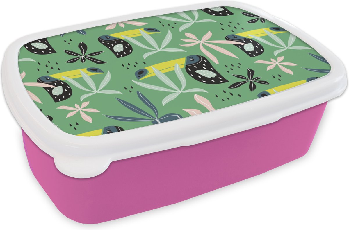 Broodtrommel Roze - Lunchbox - Brooddoos - Toekan - Bladeren - Jungle - 18x12x6 cm - Kinderen - Meisje