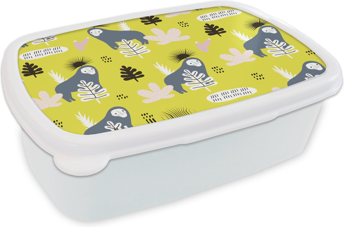 Broodtrommel Wit - Lunchbox - Brooddoos - Aap - Blad - Geel - 18x12x6 cm - Volwassenen