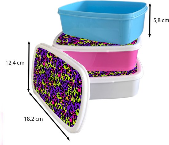 Broodtrommel Wit - Lunchbox Panterprint - Neon - Paars - Geel - Brooddoos 18x12x6 cm - Brood lunch box - Broodtrommels voor kinderen en volwassenen