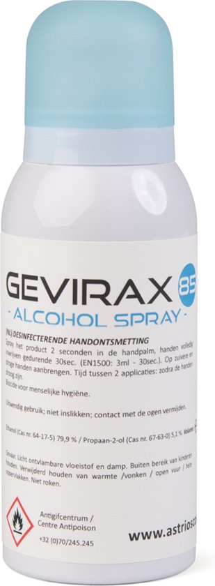 Gevirax · alcoholspray 100ml · 85% alcohol · Antibacteriële - handspray | Spray met zacht verfrissend parfum, voor thuis, werkplek of onderweg