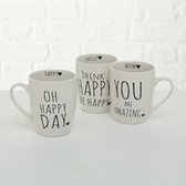 Boltze koffietas / beker met tekst, set van 3 . Happy day, think happy be happy, you are amazing