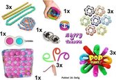 Happy Trendz® Fidget Toys Pakket - Set met 16 verschillende Fidget Toys: Wacky Tracks ,Pop Tubes, Simple Dimple, Pop It Fidget, Flippy Chain, Monkey Noodles, Snapperz Rainbow