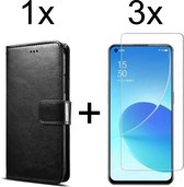 Oppo Reno 6 5G hoesje bookcase met pasjeshouder zwart wallet portemonnee book case cover - 3x Oppo Reno 6 5G screenprotector