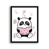 Poster Roze Panda Watermeloen Eten - Hartjes - Meisjeskamer - Babyshower / Geboorte Cadeau - Babykamer - 80x60cm - Postercity