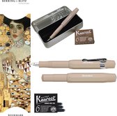 Kaweco Cadeauset (6 delig) Blikje, Vulpen bruin  M, Clip, Boekenlegger Gustav Klimt, 2 doosjes vullingen