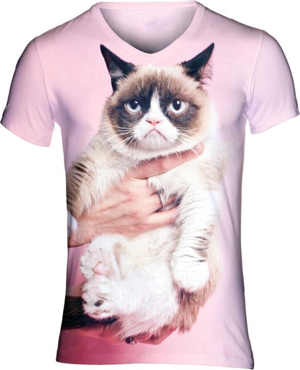 Grumpycat roze Festival shirt - Maat: S - V-hals - Feestkleding - Festival Outfit - Fout Feest - T-shirt voor festivals - Rave party kleding - Rave outfit - Kattenshirt - Nineties