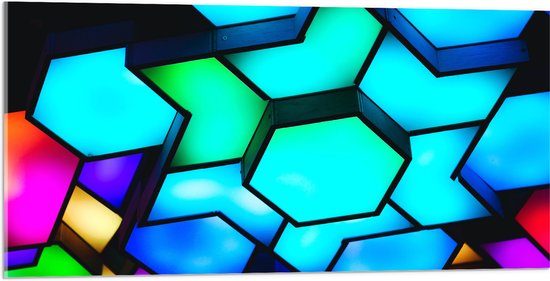 Acrylglas - Verschillende Neon Kleurige Hexagons tegen Zwarte Achtergrond - 100x50 cm Foto op Acrylglas (Met Ophangsysteem)