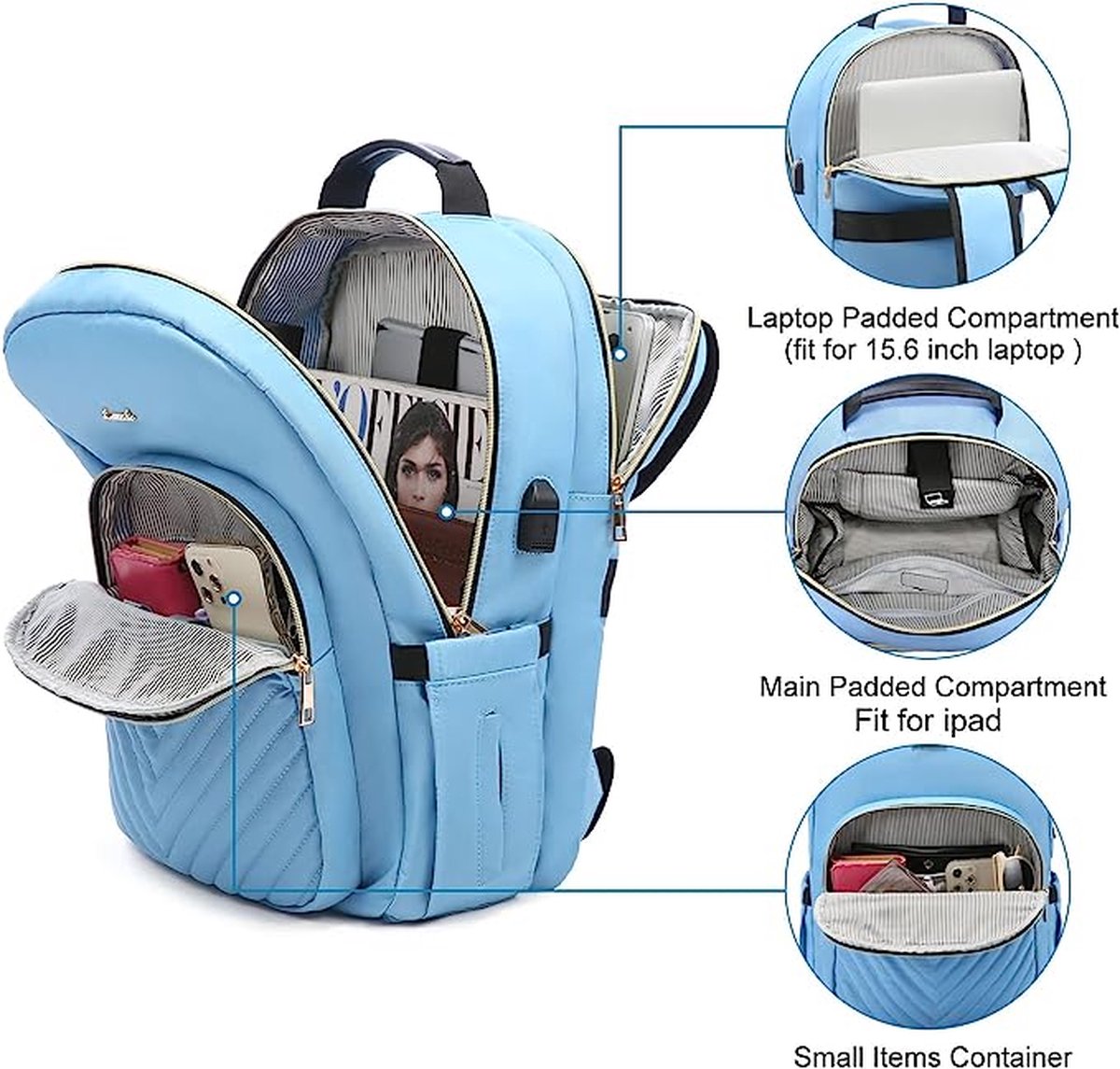 Rugzak voor dames, 17,3 inch, schoolrugzak, meisjes, tieners, met USB-oplaadaansluiting, laptoprugzak, stijlvolle dagrugzak, waterdicht, voor school, universiteit, reizen, werk
