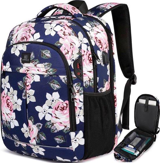 Rugzak,17,3 Inch Travel Laptop Rugzak voor Vrouwen,TSA Waterdichte Business Carry On Rugzak, Duurzame Teen School Rugzak, Bloemen