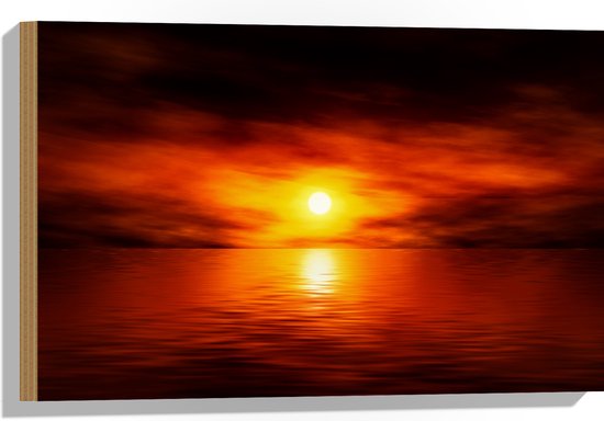 Hout - Zon Zakkend in de Donkere Zee - 60x40 cm - 9 mm dik - Foto op Hout (Met Ophangsysteem)