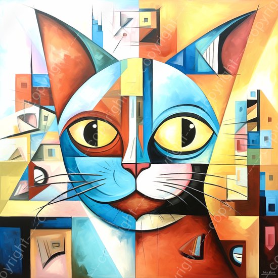 JJ-Art (Toile) 60x60 | Chat, chat dans le style Picasso, coloré, art |  abstrait,... | bol