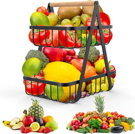 Froulaland 3 etages fruitmand decoratieve fruitmand zwart/goud fruitmand metalen fruitschaal, groentemand, metaal, staande dagelijkse keukenopslag ( goud