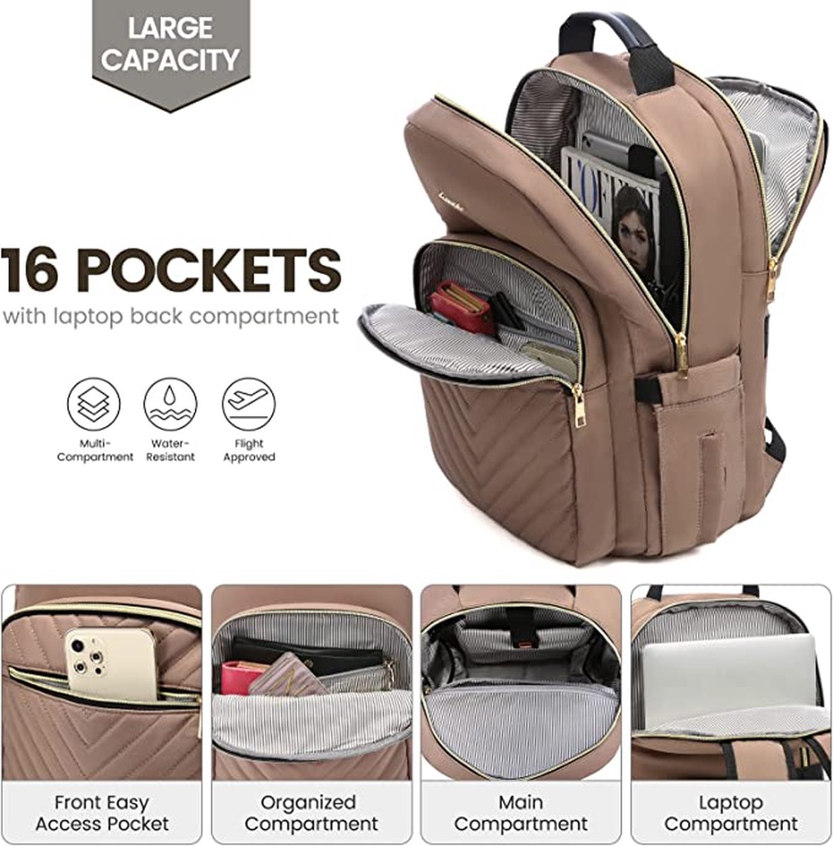 Sac à Dos 15,6 Pouces HASAGEI - Ordinateur Portable Élégant Grand Capacité Voyage École Femme Homme