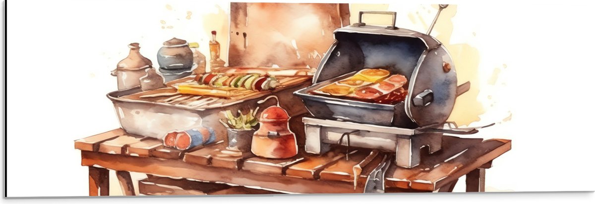 Dibond - Waterverf Tekening met Barbecue en Eten - 90x30 cm Foto op Aluminium (Wanddecorat