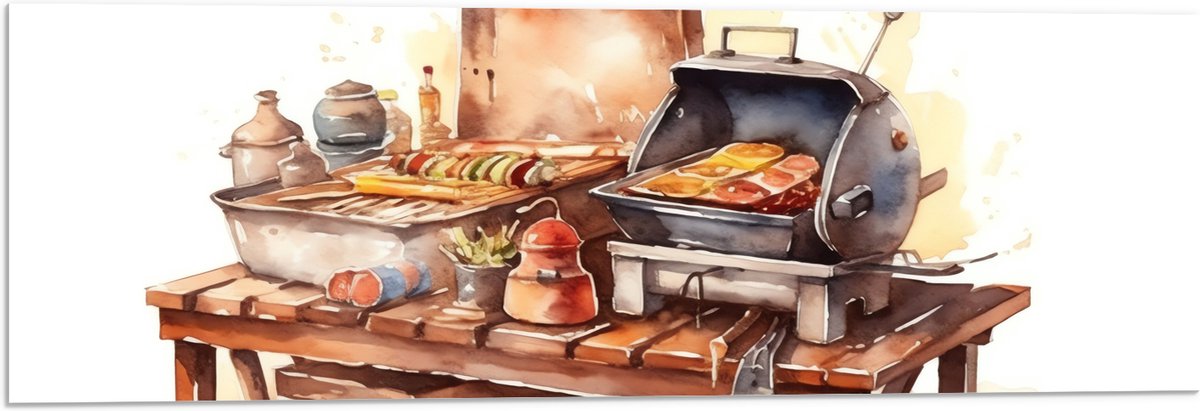 Acrylglas - Waterverf Tekening met Barbecue en Eten - 90x30 cm Foto op Acrylglas (Wanddeco