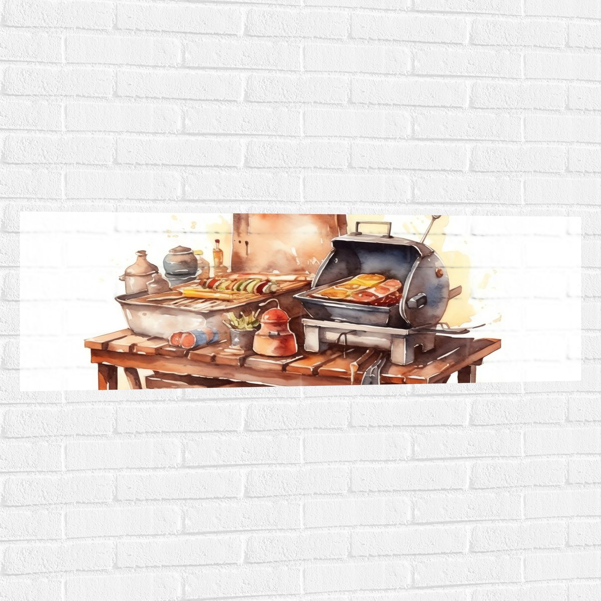 Muursticker - Waterverf Tekening met Barbecue en Eten - 120x40 cm Foto op Muursticker