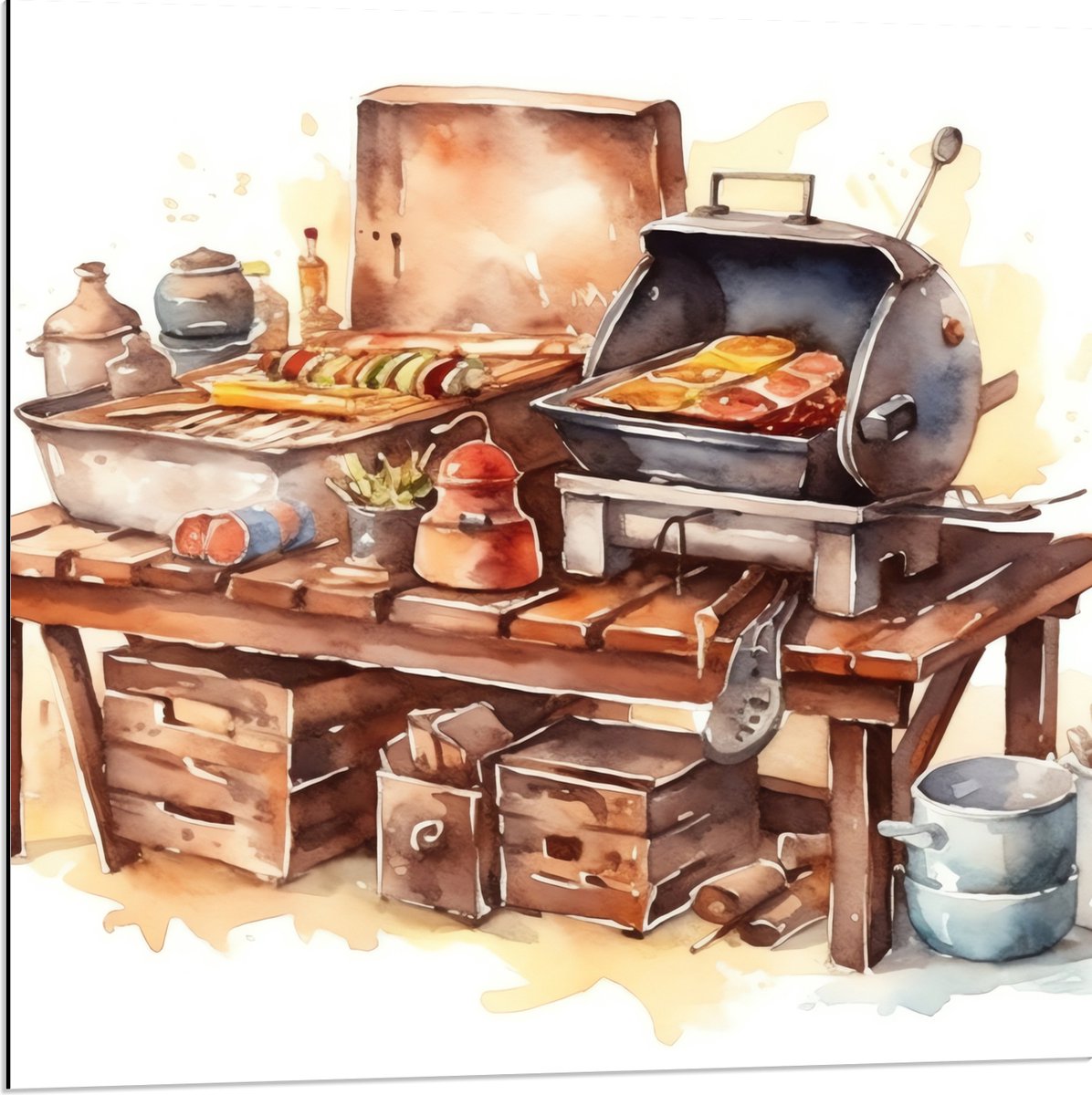 Dibond - Waterverf Tekening met Barbecue en Eten - 80x80 cm Foto op Aluminium (Wanddecorat