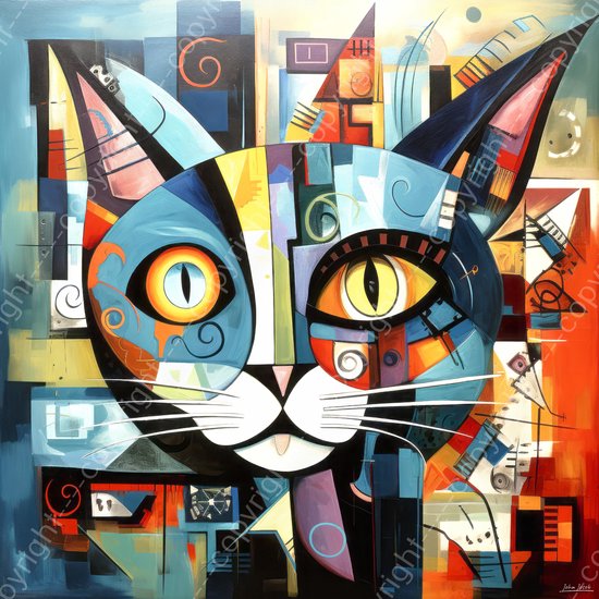 JJ-Art (Aluminium) 60x60 | Poes, kat in Picasso stijl, kleurrijk, kunst | abstract, dier, blauw, rood, geel, wit, zwart, vierkant, modern | foto-schilderij op dibond, metaal wanddecoratie