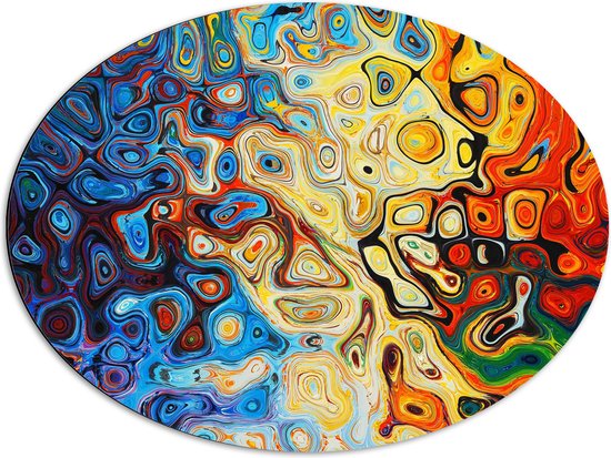 Dibond Ovaal - Mix van Blauwe, Gele en Oranje Rondjes - 80x60 cm Foto op Ovaal (Met Ophangsysteem)