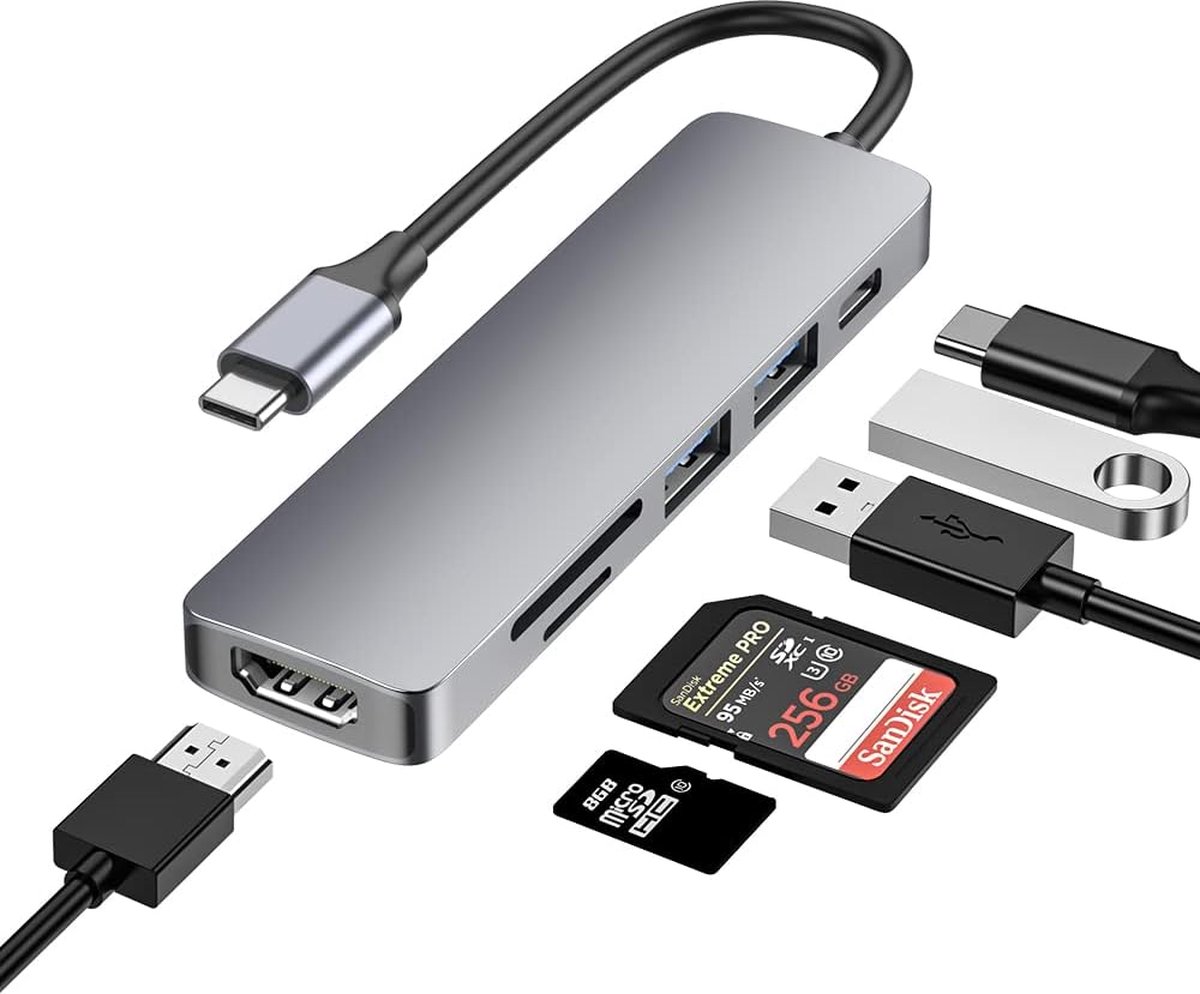 NÖRDIC DOCK-173 USB-C Dockingstation - HDMI, USB3.1, USB2.0, SD/TF - 4K 30Hz - PD87W - 5Gbp - Grijs