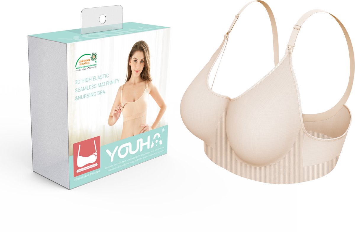 Youha® - Voedingsbh zonder beugels - Zwangerschapsbh - verstelbare schouderband - zachte stof - naadloos ontwerp - uitneembare vulling - voorkant voorzien van flap - handig met borstvoeding - Kleur: Huidskleur - Maat L