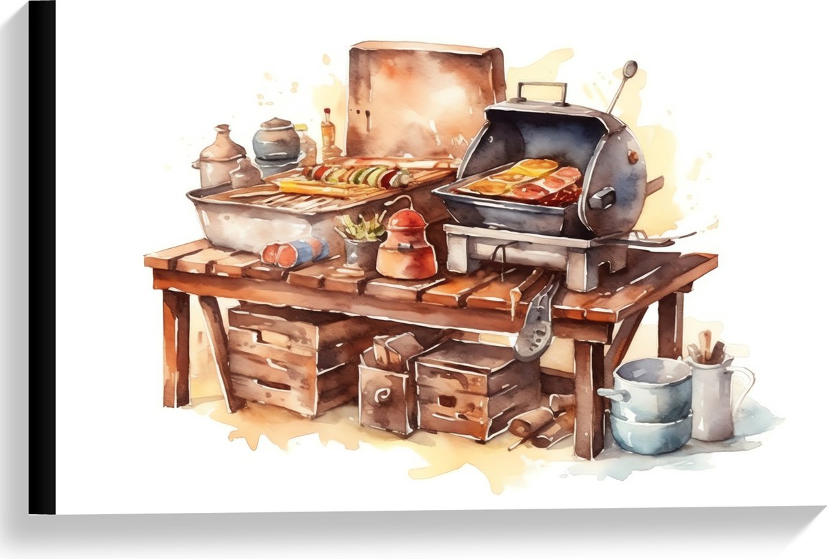 Canvas - Waterverf Tekening met Barbecue en Eten - 60x40 cm Foto op Canvas Schilderij (Wan