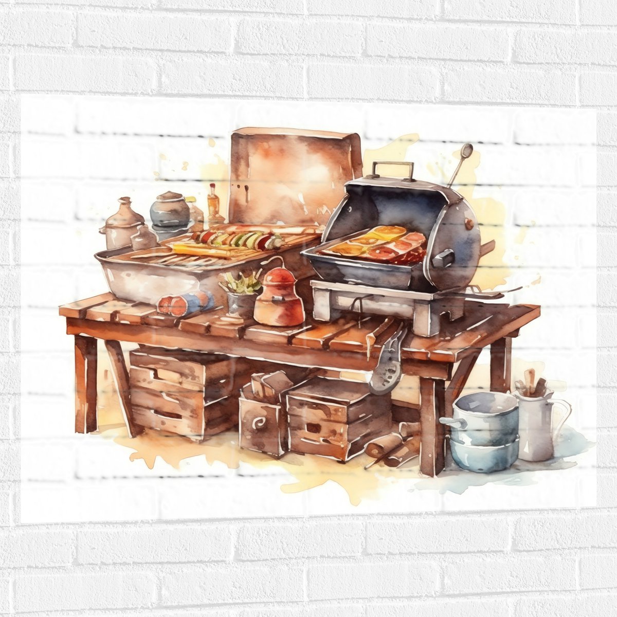 Muursticker - Waterverf Tekening met Barbecue en Eten - 100x75 cm Foto op Muursticker