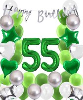 Snoes Ballonnen 55 Jaar Wit Groen Zilver Mega Ballon - Compleet Feestpakket 55 Jaar - Verjaardag Versiering Slinger Happy Birthday – Folieballon – Latex Ballonnen - Helium Ballonnen
