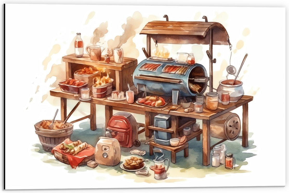 Dibond - Tekening van Barbecue - 60x40 cm Foto op Aluminium (Met Ophangsysteem)