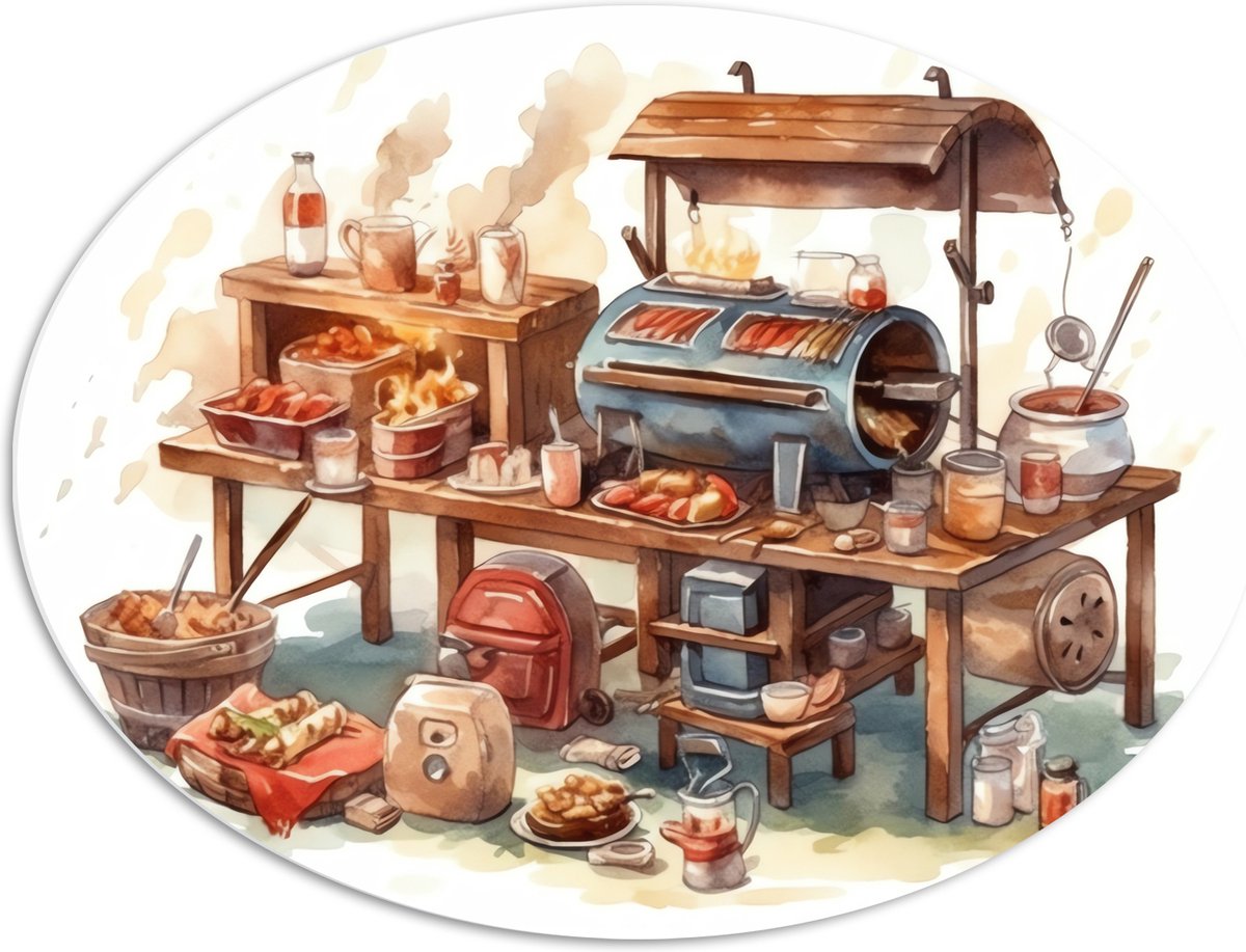 PVC Schuimplaat Ovaal - Tekening van Barbecue - 80x60 cm Foto op Ovaal (Met Ophangsysteem)