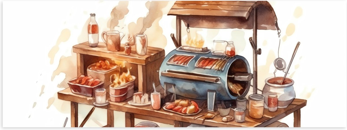 Poster Glanzend – Tekening van Barbecue - 120x40 cm Foto op Posterpapier met Glanzende Afw