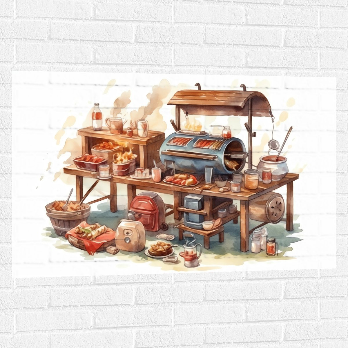 Muursticker - Tekening van Barbecue - 105x70 cm Foto op Muursticker