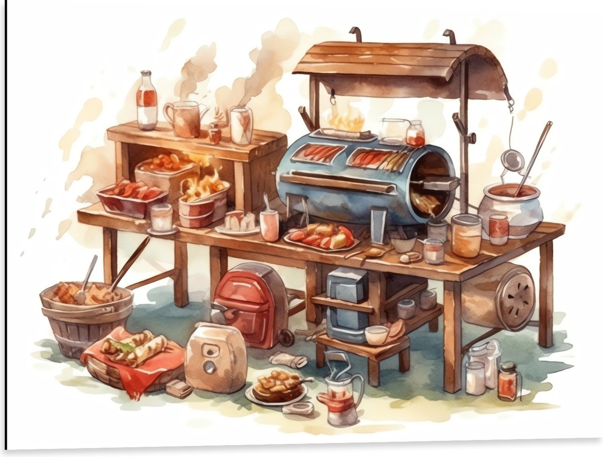 Dibond - Tekening van Barbecue - 80x60 cm Foto op Aluminium (Met Ophangsysteem)