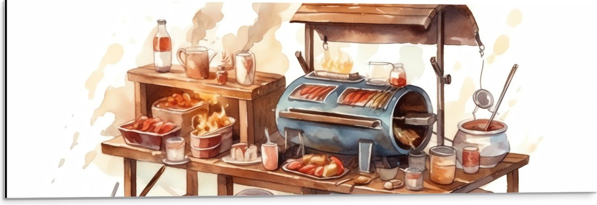 Dibond - Tekening van Barbecue - 90x30 cm Foto op Aluminium (Wanddecoratie van metaal)