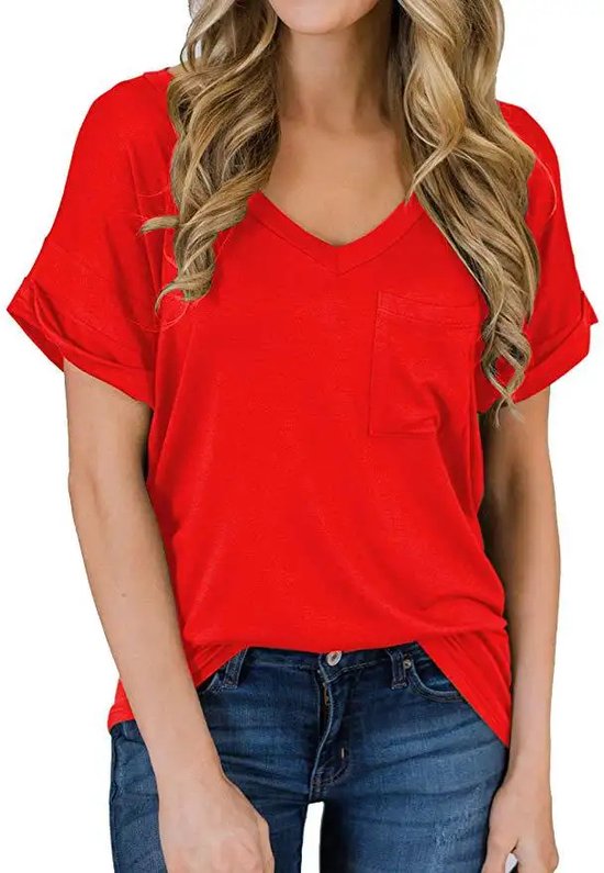 ASTRADAVI Casual Wear - T- Shirts à col en V pour femmes avec poche poitrine - Manches retroussées Trendy - Rouge / Petit