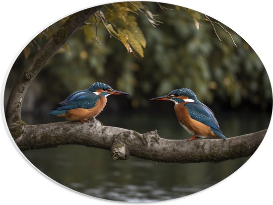 PVC Schuimplaat Ovaal - Twee ijsvogels zitten op tak die boven het water hangt - 40x30 cm Foto op Ovaal (Met Ophangsysteem)