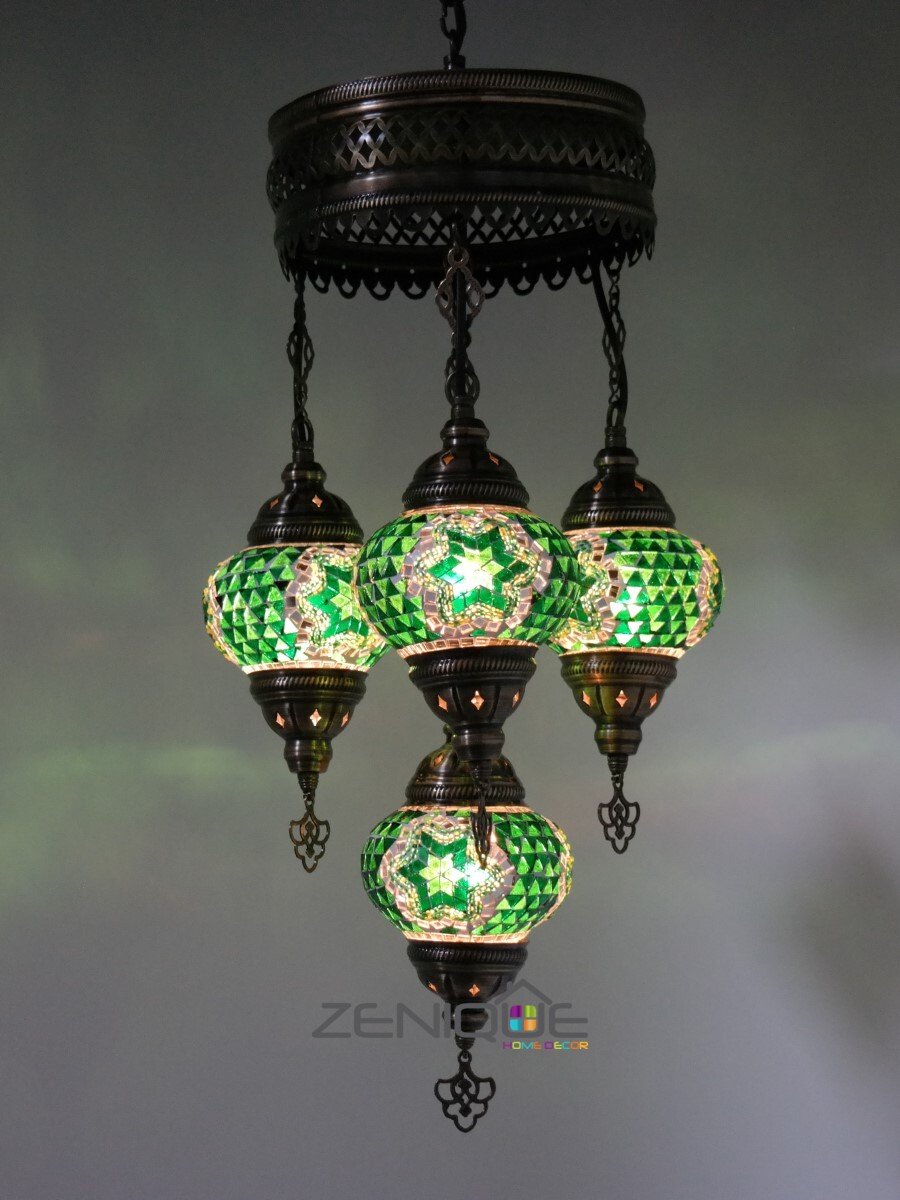 Turkse Lamp - Hanglamp - Mozaïek Lamp - Marokkaanse Lamp - Oosters Lamp - ZENIQUE - Authentiek - Handgemaakt - Kroonluchter - Groen - 4 bollen