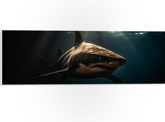 PVC Schuimplaat- Grote witte haai diep in de zee in donkere omgeving - 60x20 cm Foto op PVC Schuimplaat