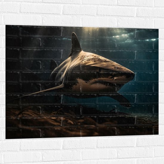 Muursticker - Grote witte haai diep in de zee in donkere omgeving - 100x75 cm Foto op Muursticker