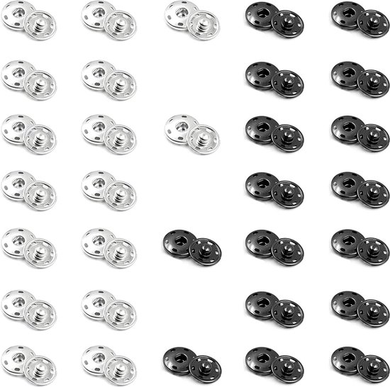 Boutons Pression Coudre 20 Ensembles Boutons Pression à Coudre 12mm - Métal Noir/Argent - Pour Vêtements, Sacs, DIY Fermeture Métal 12mm DIY