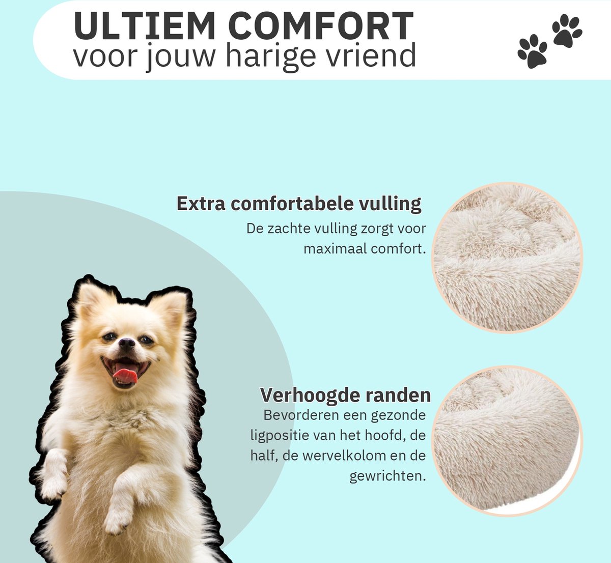 Donut Hondenmand - Kattenmand - Maat M - 60cm (ligvlak van 45cm) - Beige - Fluffy en Wasbaar thumbnail 2