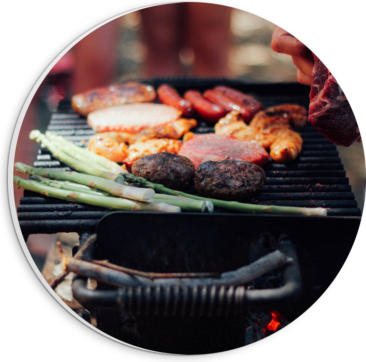 PVC Schuimplaat Muurcirkel - Barbecue - Vlees - Groenten - Kolen - Natuur - 20x20 cm Foto