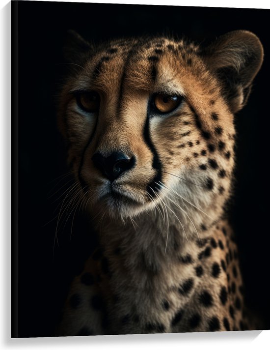 Canvas - Cheetah close up met zwarte achtergrond - 75x100 cm Foto op Canvas Schilderij (Wanddecoratie op Canvas)