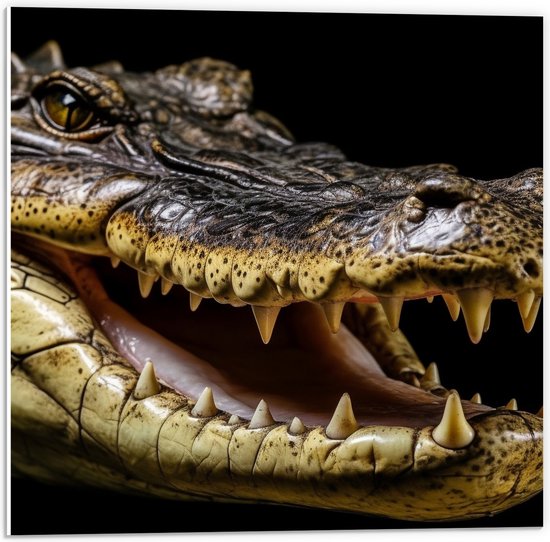PVC Schuimplaat - Krokodil opent zijn bek en laat tanden zien voor zwarte achtergrond - 50x50 cm Foto op PVC Schuimplaat (Met Ophangsysteem)