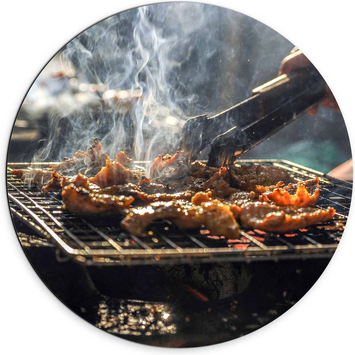 Dibond Muurcirkel - Barbecue - Kool - Rook - Tang - Vlees - Bakken - Eten - Buiten - 70x70