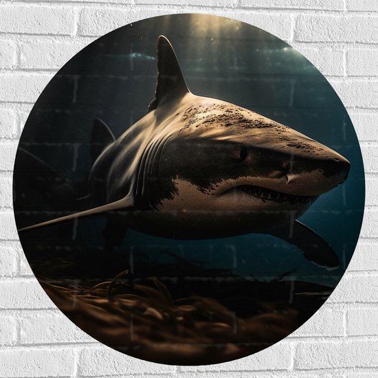 Muursticker Cirkel - Grote witte haai diep in de zee in donkere omgeving - 80x80 cm Foto op Muursticker