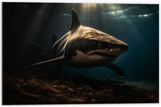 Dibond - Grote witte haai diep in de zee in donkere omgeving - 60x40 cm Foto op Aluminium (Wanddecoratie van metaal)