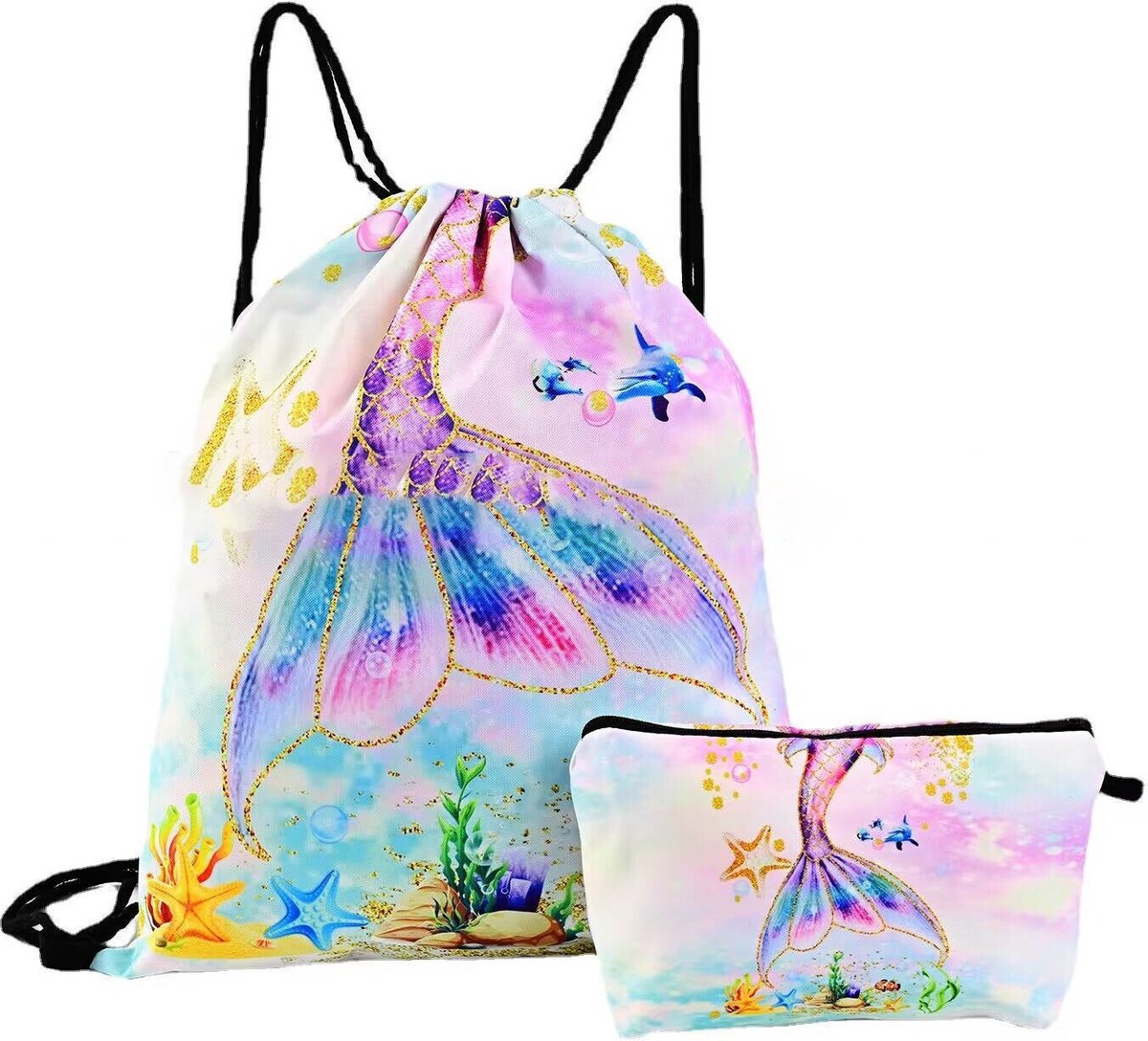 Gymtas Meisje + Etui – Zeemeermin Rugzak Kind – Sporttas met Trekkoord – Schooltas 4-12 jaar – Mermaid Tas