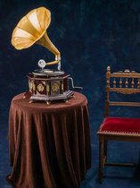 Grammofoon - Platenspeler - Antiek - rond - goudkleurig - 65cm hoog Werkt Echt