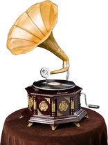 Grammofoon - Platenspeler - Antiek - rond - goudkleurig - 65cm hoog Werkt Echt